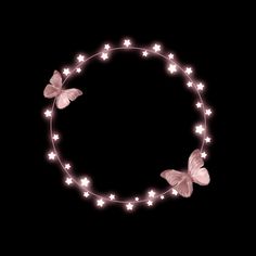 three butterflies are flying around the circle with stars on it's sides, all in pink and white