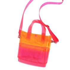 Miss your jelly sandals? This is your new favorite bag! Keep everything inside with a snap. The pink and orange transparent vinyl handle bag has a pink snap closure and is detailed with silver metal grommets. It's available with or without the detachable hot pink 1" strap! Measurements: 8.25" Width at top of bag tapers to 7" Width at bottom x 8" Height (11.75" Height including plastic handles) x 3" Diameter Detachable Adjustable Strap: 46.25" Length *Please note, all bags are made by hand and so Pink Shoulder Bag With Snap Closure For Daily Use, Pink Shoulder Bag With Detachable Strap For Summer, Summer School Bags Made Of Plastic, Summer School Plastic Bags, Plastic School Bags For Summer, Summer Pink Bags With Top Carry Handle, Pink Summer Shoulder Bag With Detachable Handle, Summer Pink Shoulder Bag With Detachable Handle, Pink Bags With Snap Closure For Daily Use