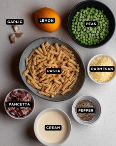 the ingredients to make an italian pasta salad are shown in bowls and labeled with their names