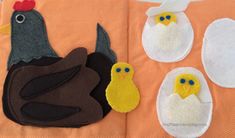 felt chickens and chicks on an orange background