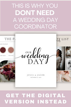 the wedding day flyer is shown with photos and text on it, including an image of a