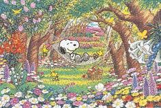 snoopy in the garden with flowers and butterflies on it's back ground, looking at