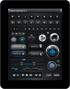 the black interface v2 is displayed on an ipad or tablet pc, with buttons and other controls