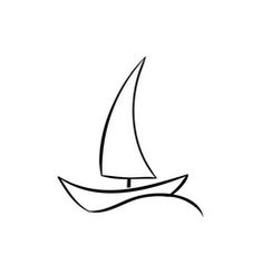 a boat with sails floating in the ocean on a white background, black and white line drawing