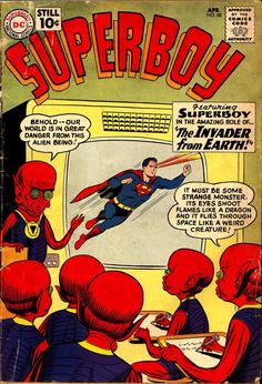 an old comic book cover with superman flying over the screen and other people around it