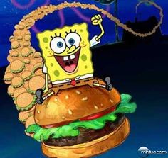 spongebob holding up a giant hamburger in the air