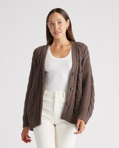 100% Organic Cotton Oversized Cable Cardigan Ugg Tasman Outfit, Cotton Sweaters, Perfect Cardigan, Chic Sweater, Cable Cardigan, Heather Brown, 2024 Style, Chic Sweaters, Coastal Chic