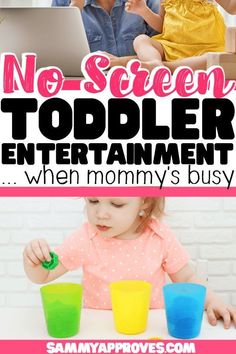 two children sitting at a table playing with toys and text reading no - screen toddler entertainment when mommy's busy