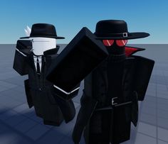 two people dressed in black with red eyes and hats, one holding a briefcase while the other wears a mask