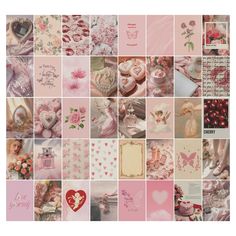 a collage of pink and white pictures with hearts