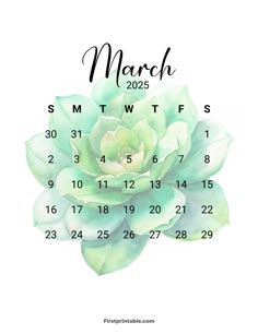 the march calendar with watercolor succulents on it