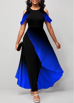 Size:S;Size:M;Size:L;Size:XL;Size:XXL;Color:Royal Blue;Season:Spring;Sleeve Type:Cold Shoulder;Occasion:Other;Decoration:Ruffle;Fit Type:Regular;Sleeve's Length:Short Sleeve;Pattern Type:Ombre;Neckline:Round neck;Clothing Length:Ankle Length;Washing Instructions:Hand Wash;Package Contents:1 X Jumpsuit;Composition:95% Polyester, 5% Spandex;Color Scheme:Blue;Style:Casual; Priestess Dress, Jumpsuit Wedding Guest, Jumpsuit Wedding, Party Jumpsuit, Chiffon Jumpsuit, Trendy Jumpsuit, Wedding Jumpsuit, Short Sleeve Jumpsuits, Red Ombre