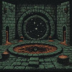 an image of a portal in the middle of a brick wall with fire and stars on it