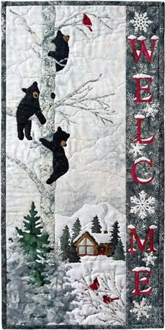 two bears climbing up a tree with the word welcome to me written in red on it