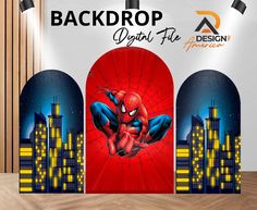 the back drop display features an image of spider - man in front of city buildings