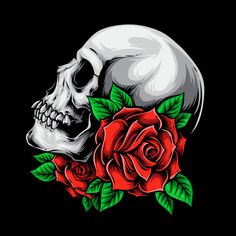 a skull and red roses on a black background