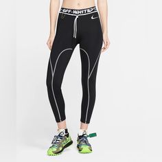 Nike X Off-White Pro Women's Mid-Rise 7/8 Leggings Product Details Tight Fit For A Body-Hugging Feel Body: 83% Polyester/17% Elastane.Gusset Lining: 100% Polyester. Machine Wash Imported Colour Shown: Black Style: Cn5574-010 The Snug Elastic Waistband Is Slightly Higher And Thicker For More Support And Is Vented For Breathability.A Shoelace Drawcord Lets You Adjust The Fit.It Features An Off-White Logo In Bold, White Letters With The Words "Will", "Weight" And "Lbs", Nodding To Training Goals. Workout Black And White, Off White Pants, Off White X Nike, Women's Tights, Nike Clothing, Off-white Logo, Home Lounge, Nike Outlet, Nike Workout