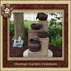 A solar powered outdoor water fountain made of tiered pottery pours water down from tier to tier. Patios Ideas, House Courtyard, Christmas Banister, Backyard Decks, Diy Solar Fountain, Italian Water, Fountain Ideas, Braided Buns