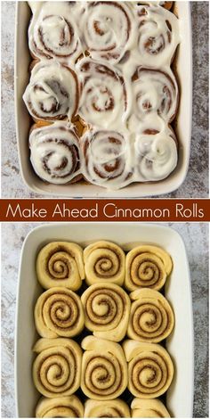 cinnamon rolls with icing in a baking dish and then rolled up to look like cinnamon rolls