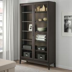 a tall bookcase with glass doors and shelves