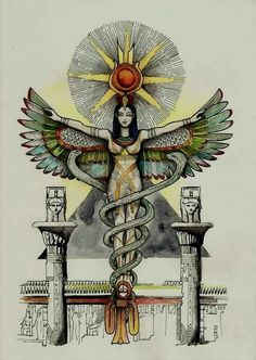 a drawing of a woman with wings and snakes on her body, surrounded by columns