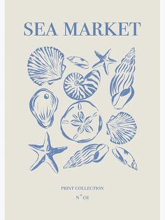 the sea market print collection is shown in blue ink on a white background with starfish and