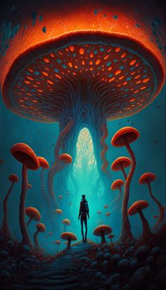 a man standing in the middle of a forest with giant mushrooms on it's sides