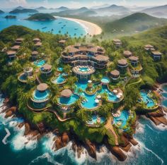 an aerial view of the resort and its surrounding pool area, surrounded by lush greenery