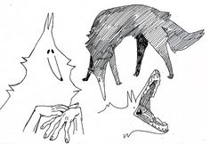 a drawing of a dog jumping up into the air with its mouth open and hands reaching for it