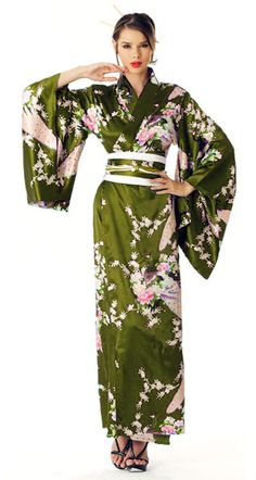 Green Kimono  Sleek and beautiful long sleeved kimono with a stylish design pattern set against a luxurious olive green backdrop. Nail Designs Hot Pink, January Nail Designs, Green Kimono, Fashion Japanese, Long Sleeve Kimono