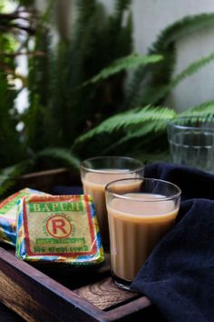 two glasses of coffee and some food on a tray with ferns in the back ground