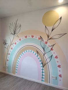 an empty room with a painted mural on the wall