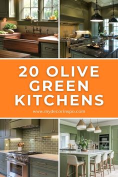 green kitchen cabinets and counter tops with the words 20 olive green kitchens