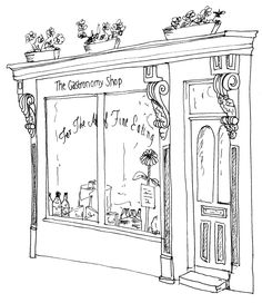 a black and white drawing of a store front with flowers on the top window sill