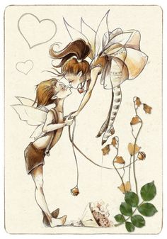 a drawing of two fairy girls with flowers and leaves on the ground, one is holding a