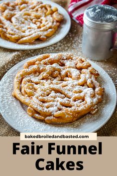 two white plates topped with desserts covered in powdered sugar and text overlay reads fair funnel cakes