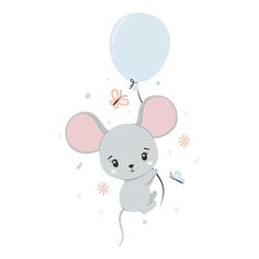 a cartoon mouse flying through the air with a balloon in it's hand,