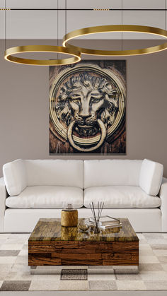 a living room with a large painting on the wall and a coffee table in front of it