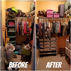 before and after photos of a closet full of clothes