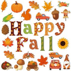 the words happy fall are surrounded by autumn leaves, acorns and pumpkins