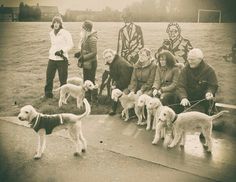 an old black and white photo of people with dogs