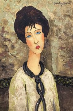 a painting of a woman with blue eyes wearing a black ribbon around her neck and white shirt