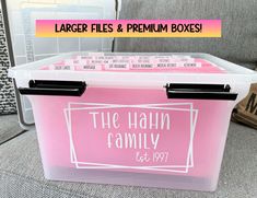 a large plastic storage box with labels on it and the words, larger files & premium boxes