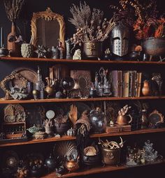 a shelf filled with lots of different types of vases and other things on top of it