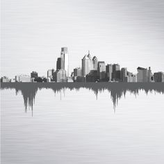 a black and white photo of a city skyline with sound waves in the foreground