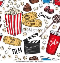 seamless pattern with popcorn, soda and movie claps on white background - stock image