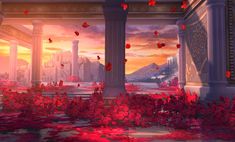 an artistic scene with red flowers in the foreground and columns on the far side