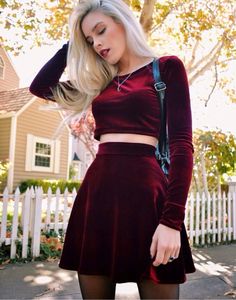 Handmade and Made to Order available in size S, M, and L. 2-piece Crop Top and Skirt Set **Shown in Burgundy** *Solid Velvet *High Waist *Skater Skirt *Long Sleeve *Stretch Velvet Model- Lauren Calaway travelsizesupermodel.com Photo- Scott Ford Velvet Homecoming Dress, Bentuk Alis, Rok Outfit, Long Sleeve Velvet Dress, Velvet Skirt, Valentine's Day Outfit, Velvet Fashion, Soft Grunge, Black Tights