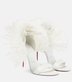 Bridal Loubigirl 100 raffia-trimmed leather sandals in white - Christian Louboutin | Mytheresa Louboutin Online, Bridal Bag, Red Louboutin, Leather Heels Sandals, Matcha Green, Scarf Hairstyles, Bridal Shoes, Bridal Accessories, Black Sandals