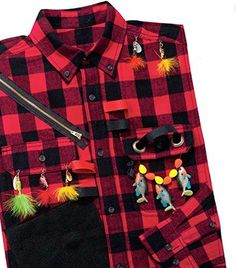 a red and black checkered shirt with different items attached to the chest, on a white background